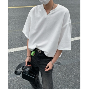 2026夏装V领短袖条纹T恤大码男纹理提花半袖 T8608/特P20 白色2图片