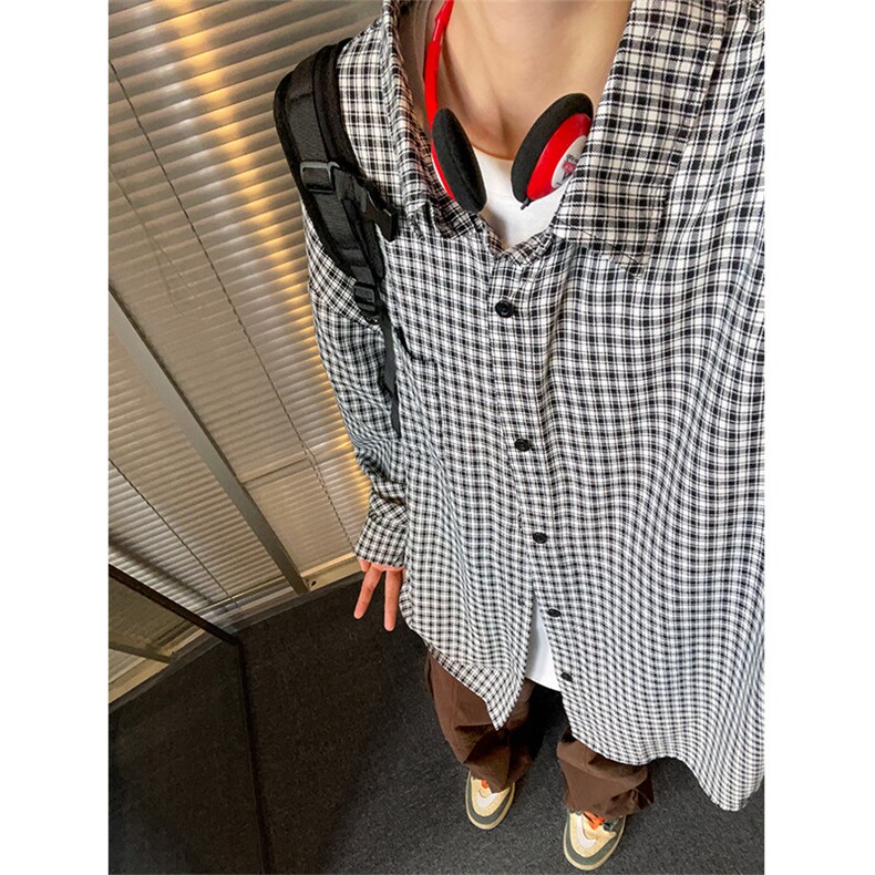 特批P36无差价2025春小格子长袖衬衫男女中性风大码衬衣上衣C5455，男装衬衫，电商A001-1
