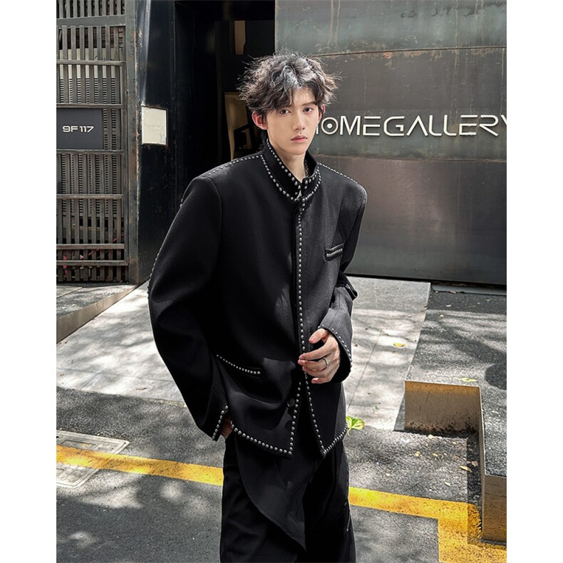 现货！24秋冬巴家王嘉尔短款立领铆钉垫肩中山西服夹克jk41-p178图片