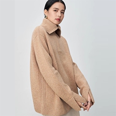 秋冬女士时尚宽松翻领羊毛拉链款针织衫，女装羊毛衫，挚尚羊绒
