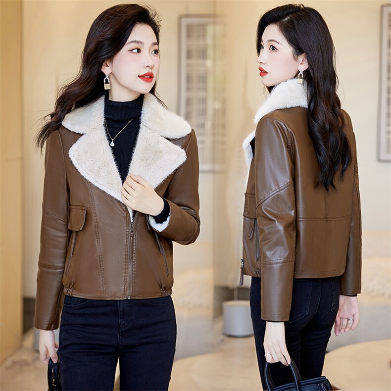 冬季夹棉小皮衣外套女秋冬韩版短款夹克小个子仿羊羔毛翻领PU皮棉衣，女装皮衣，江南女神