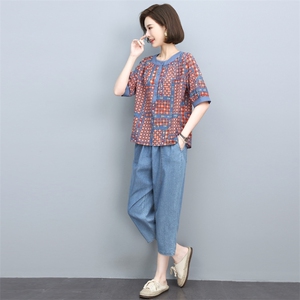 女士棉麻套装2025夏季新款中妈妈时尚休闲夏装显瘦亚麻t恤两件套图片