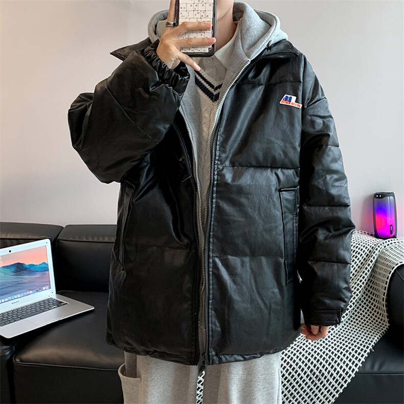 假两件衣男冬季加厚宽松潮流PU皮外套港风连帽服W1906-P85,男装棉衣,星座512-4