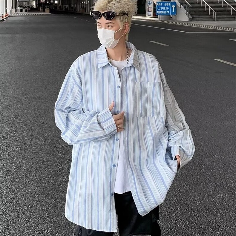 日系复古设计感条纹长袖衬衫男春秋小众港风休闲衬衣潮C152/P40,男装衬衫,星座506