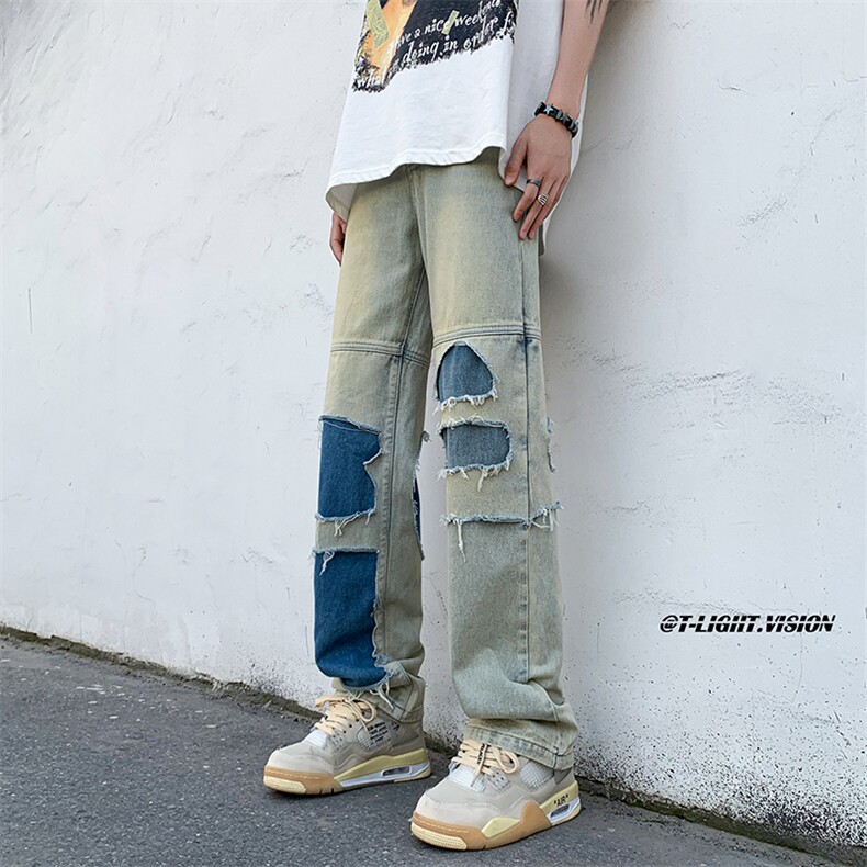 B221美式ins高街暗黑小众撞色破洞直筒牛仔裤LK23109-P65控88,男装牛仔裤,电商B221