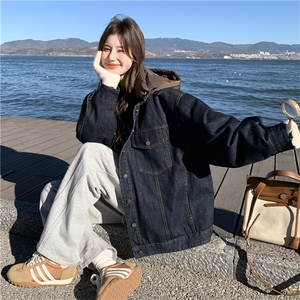 深蓝色牛仔连帽羽绒服女2024冬新款韩版宽松休闲小个子白鸭绒外套图片