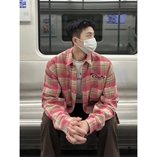 粉红色格子控衬衫男生美式复古痞帅高级感格纹衬衣长袖C268，男装衬衫，星座1116A（原606A-3）