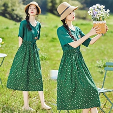 2023夏装新款时尚拼接棉麻连衣裙文艺清新优雅中长款女裙收腰，女装连衣裙，铭街依杨