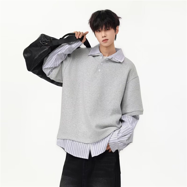 美式假两件条纹polo衫卫衣男学院风百搭翻领上衣914-4-C174P50,男装卫衣,星座914-4