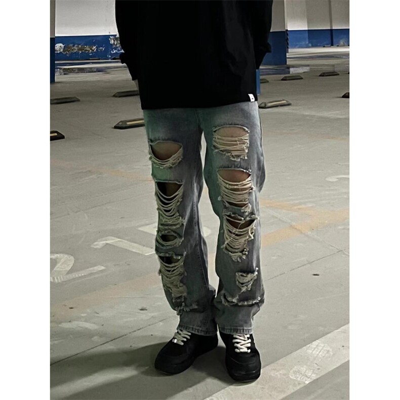 做旧复古水洗高街破洞牛仔裤男阔腿小众设计感乞丐裤NM771,男装牛仔裤,星座1116A（原606A-3）