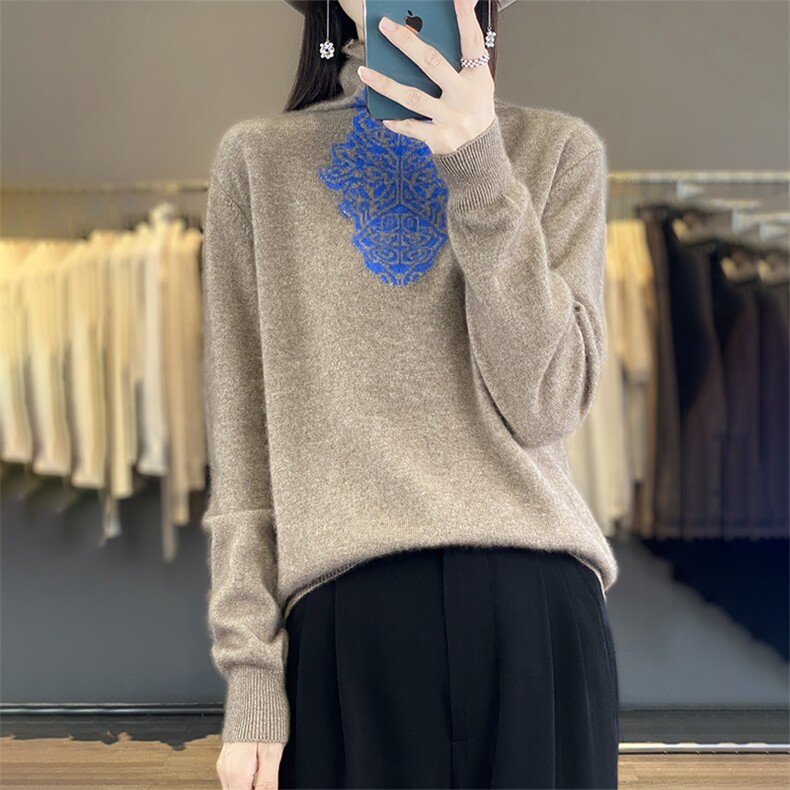 时尚潮流通勤长袖单件2024年秋冬季202323青花瓷堆堆领羊毛衫,女装羊毛衫,丽特绒