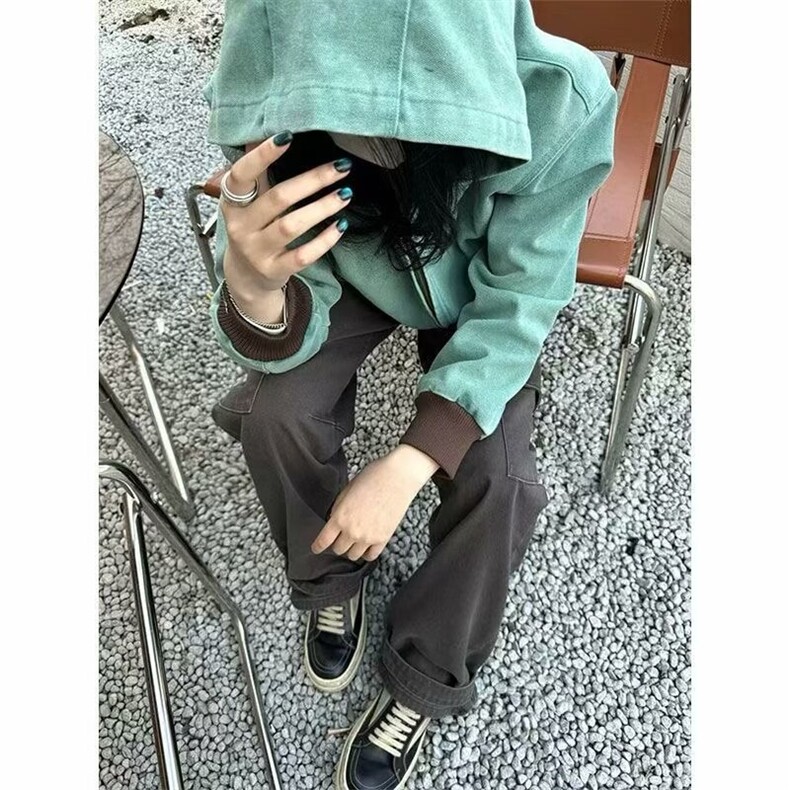 春秋款湖绿色哈灵顿飞行员夹克男美式复古宽松休闲高级感连帽外套,男装夹克,星座506A