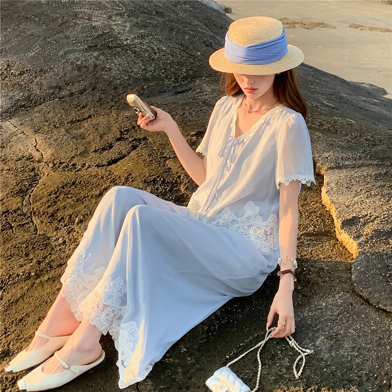 法式气质蕾丝拼接套装女2026夏季新款高级感时髦洋气阔腿裤两件套,女装套装/套裙,衣秀之家