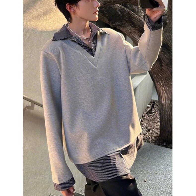 灰色假两件Polo卫衣男款秋季衬衫拼接长袖T恤学院风上衣WWY02,男装衬衫,星座1116A（原606A-3）