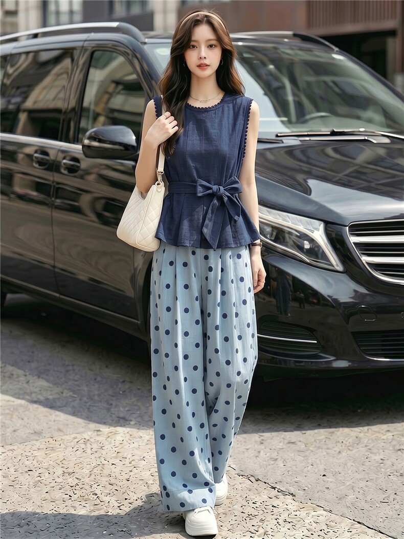 设计感法式拼接花边无袖绑带收腰显瘦上衣蓝色波点阔腿长裤两件套,女装套装/套裙,江南