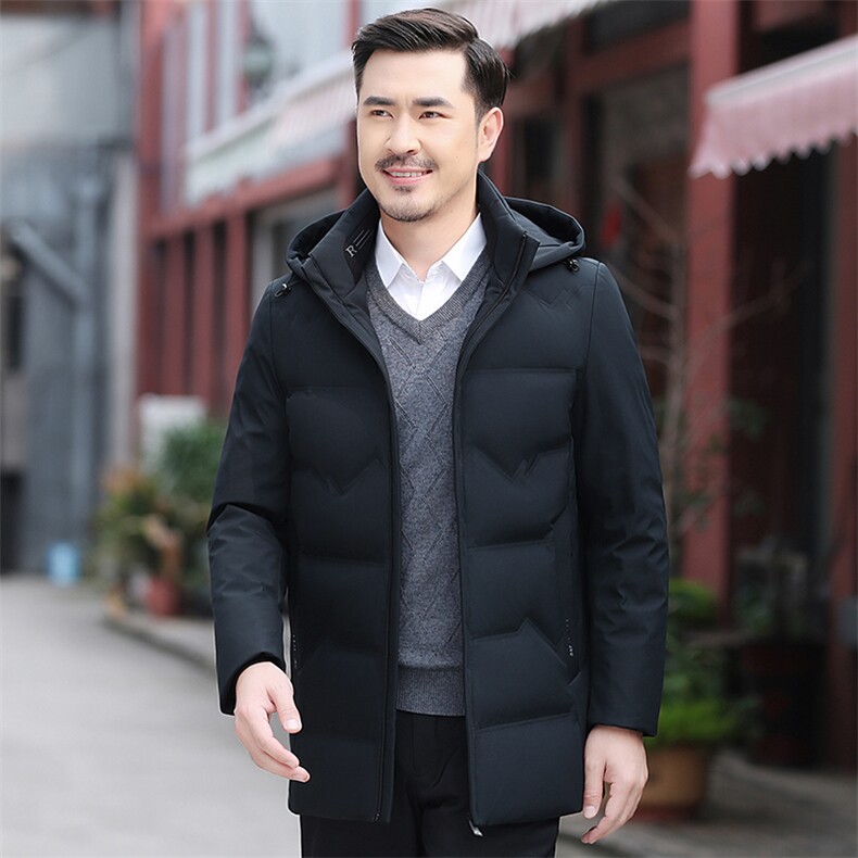 冬季中年男士连帽商务休闲羽绒服新款爸爸装加厚保暖白鹅绒外套图片