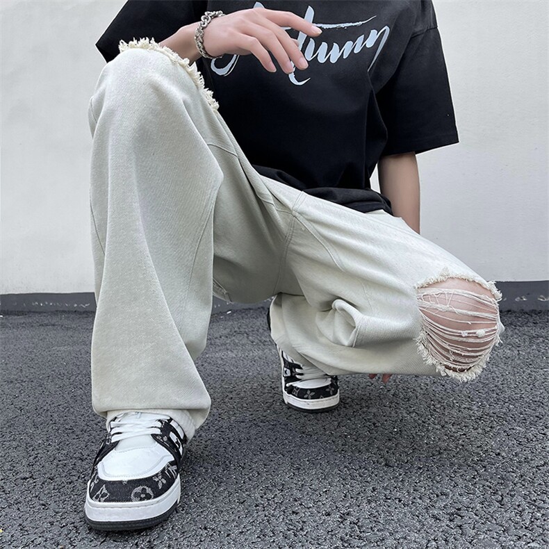 破洞牛仔裤男直筒宽松欧美高街vibe风长裤子N026-P40,男装牛仔裤,星座308B-2