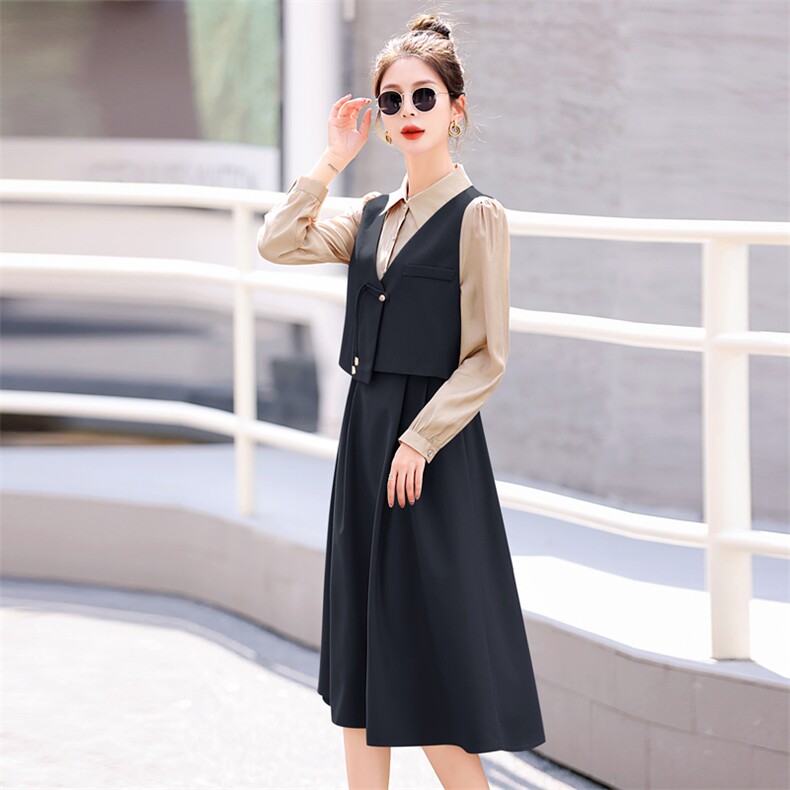 春秋长袖连衣裙女2023新款修身显瘦新中式西装马甲衬衫裙子两件套,女装套装/套裙,意芙