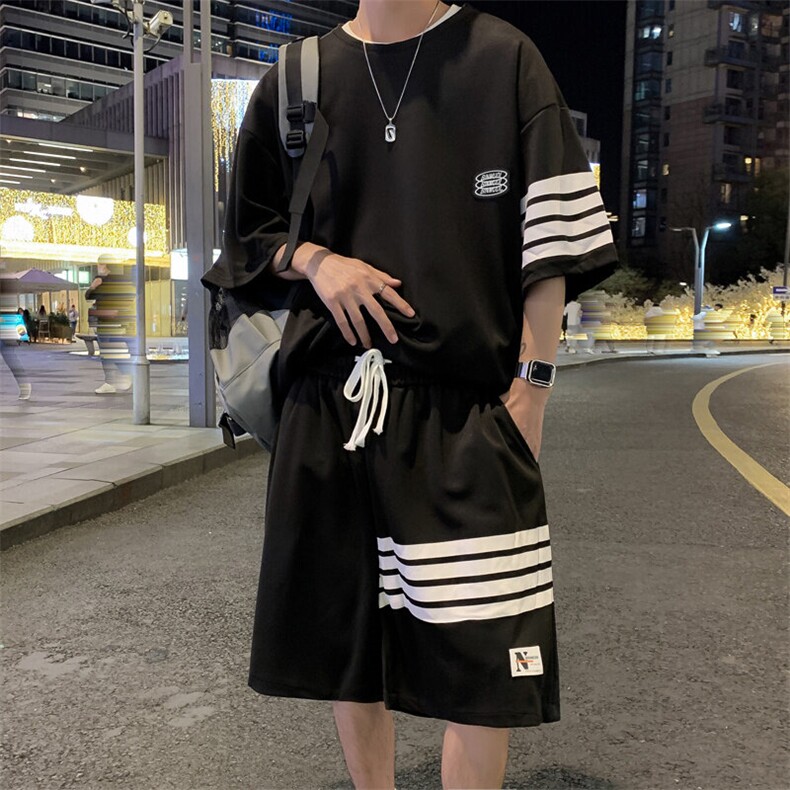 夏季新款潮流个性时尚三条杠休闲短袖套装男宽松大码运动情侣款,男装休闲套装,星座506