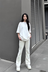 已授权  高街vibe美式街头白色牛仔裤修身直筒微喇工装裤图片