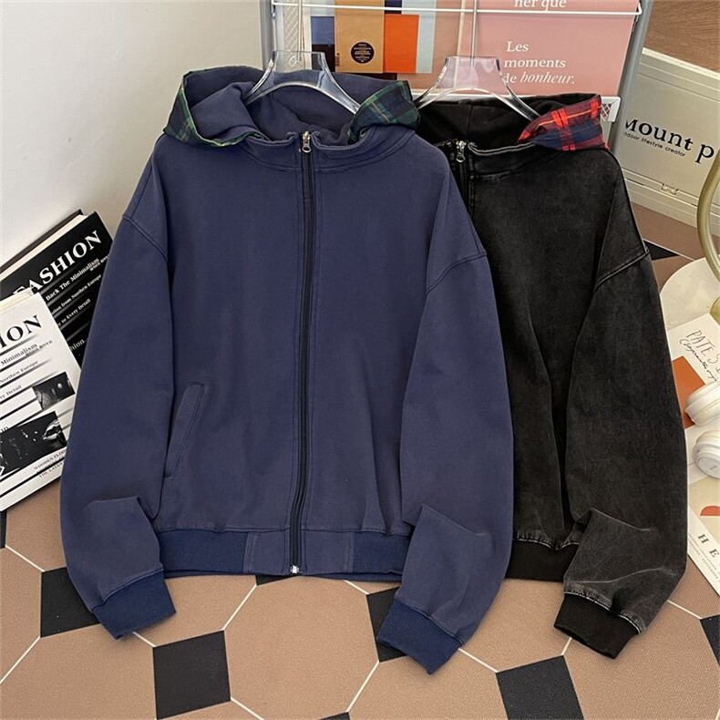 美式复古格纹撞色帽衫男秋款简约cleanfit休闲宽松百搭卫衣外套,女装短外套,星座601-1