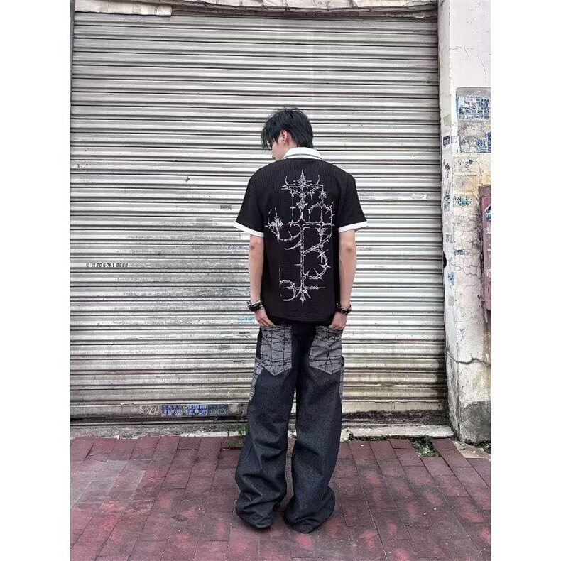 美式高街格纹大口袋牛仔裤男春秋vibe潮牌水洗宽松休闲阔腿长裤潮,男装牛仔裤,星座302B-2
