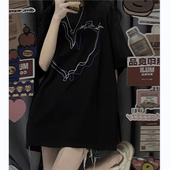 T0627-P25 心跳爱心纯棉印花短袖 宽松版情侣男女同款上衣图片