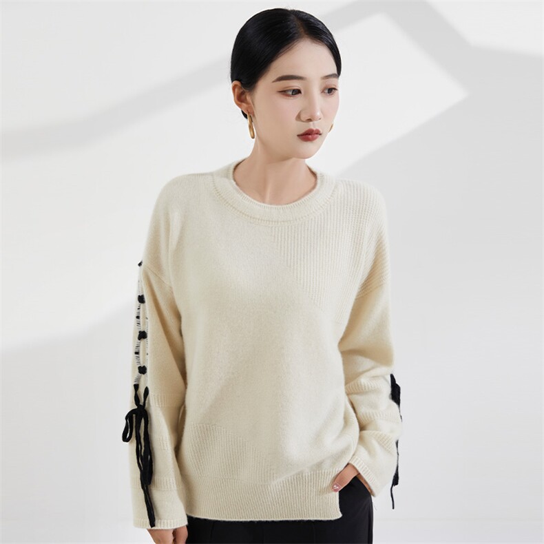 秋冬季新款女时尚百搭显瘦圆领长袖绑带羊绒衫,女装羊绒衫,恒爱羊绒