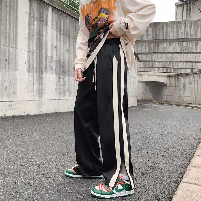 欧美运动裤男女宽松垂感直筒开叉阔腿裤休闲痞帅卫裤潮K995-P32图片