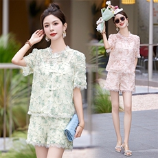 新中式蕾丝套装女2024夏季新款小香风时尚显瘦提花短裤两件套御姐，女装套装/套裙，妙形