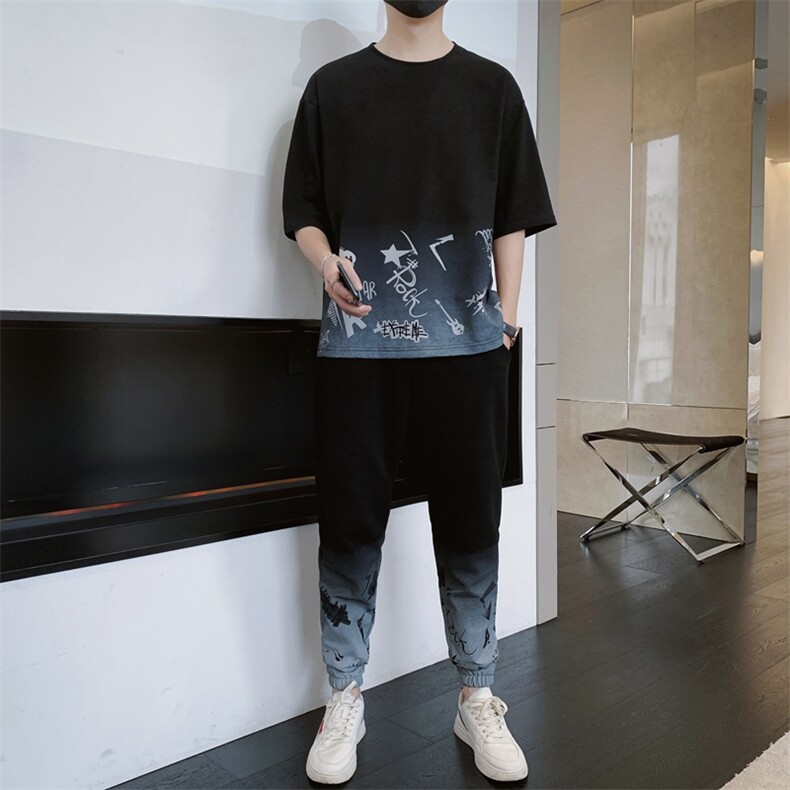 新款夏季潮流时尚T恤男装青少年宽松休闲圆领套装单衣F308P68,男装休闲套装,电商A086