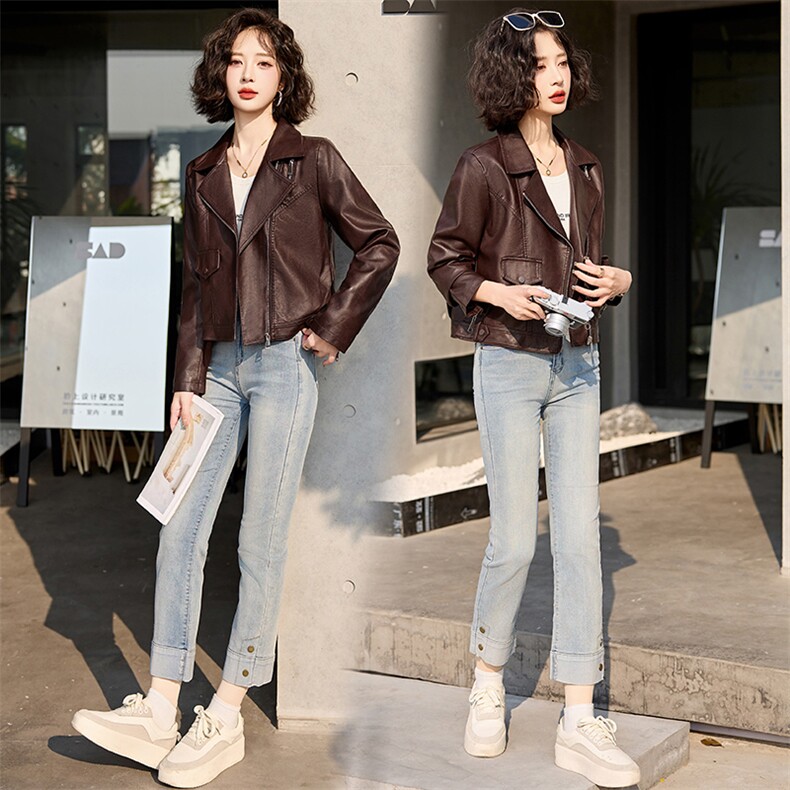 短款小皮衣外套女2025新款春秋气质休闲百搭翻领PU皮机车夹克上衣,女装皮衣,魅丽静蓝