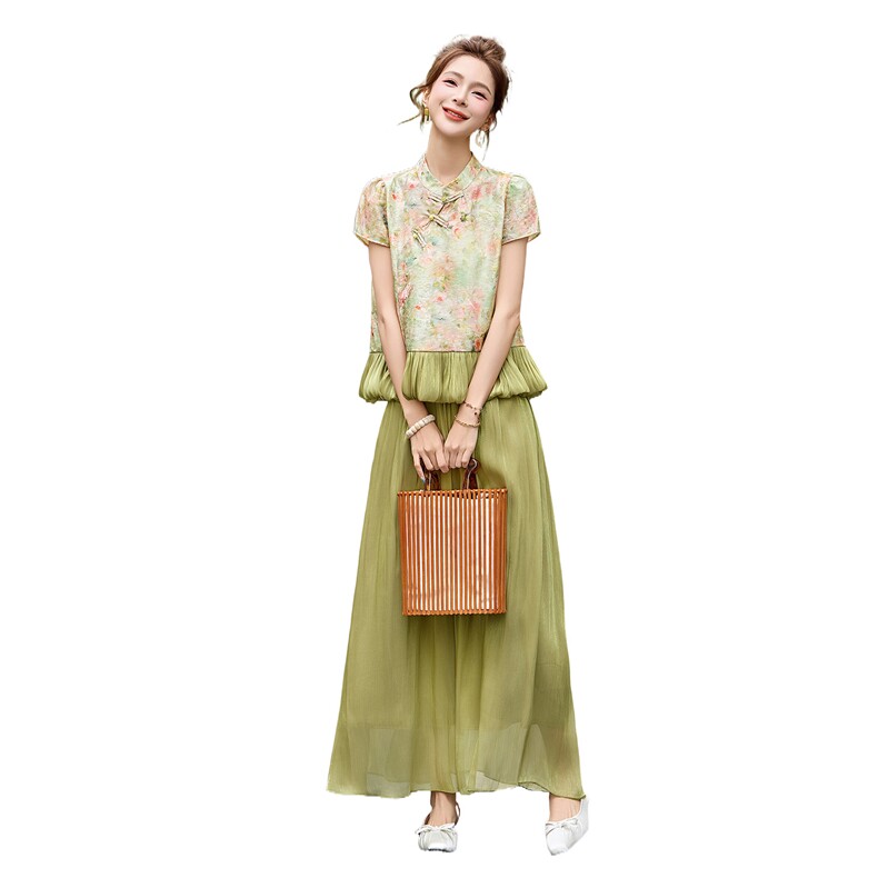新中式g风提花人丝盘扣宽松上衣流光纱半裙两件套,女装套装/套裙,采品优优