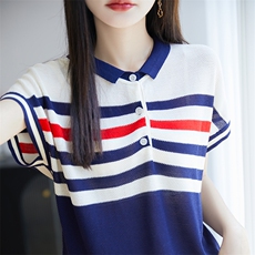 娃娃脸条纹针织短袖T恤女2025夏季新款洋气打底衫天丝薄款上衣t恤，女装针织衫/毛衣，郡淞羊绒