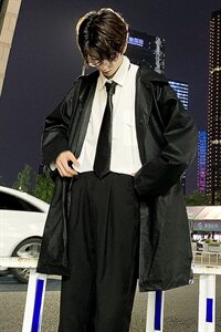 港风后背字母印花皮风衣男中长款过膝外套A090-FY90 P115 限138图片
