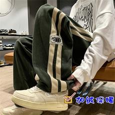 胖胖哥复古条纹裤子男款加绒加厚秋季潮牌宽松大码运动休闲长裤，男装休闲裤，电商D229A