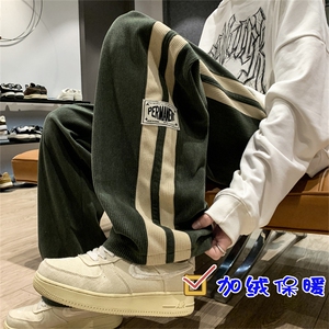 胖胖哥复古条纹裤子男款加绒加厚秋季潮牌宽松大码运动休闲长裤图片