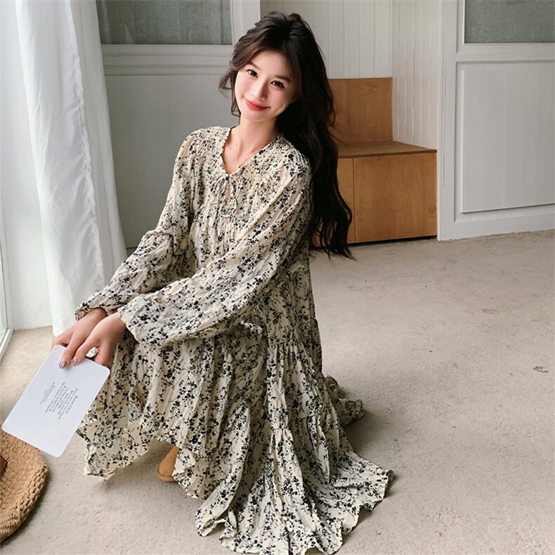 法式复古碎花连衣裙女2025春秋季新款韩系温柔风显瘦茶歇A字短裙,女装连衣裙,2C260