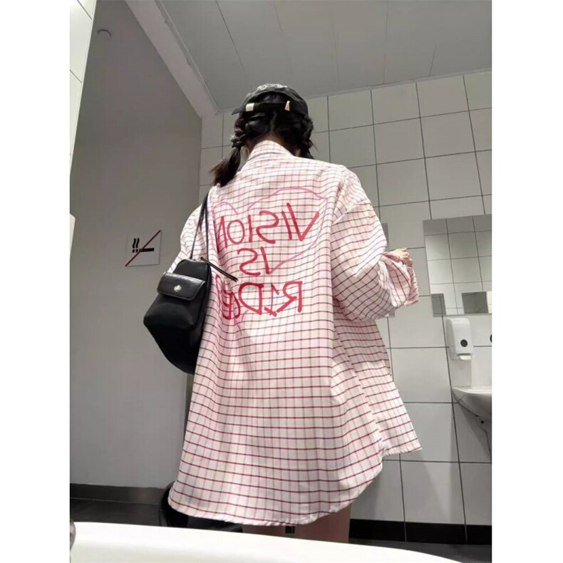 TC574-P45粉色格子Polo领防晒衬衫爱心字母修身显瘦百搭上衣,女装衬衫,星座617A-2