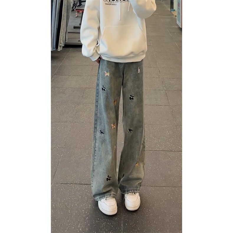 卡通刺绣蓝色牛仔裤春款男士美式水洗微喇裤子宽松阔腿休闲裤,男装牛仔裤,星座410-6（原星座1304-1）