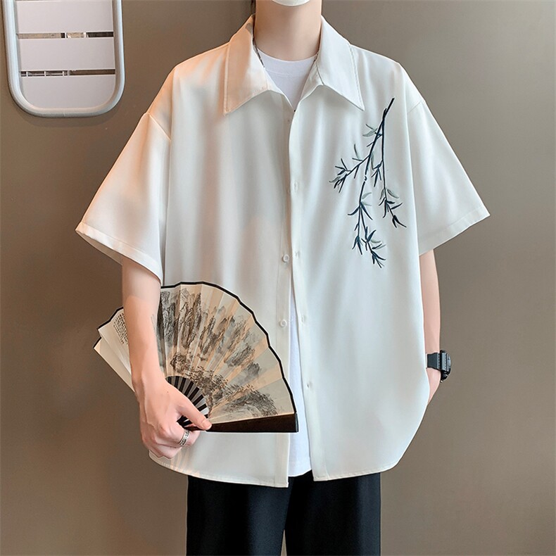 XZ616夏季冰丝薄款刺绣古风新中式上衣短袖衬衫CS01P55控68,男装衬衫,星座512A（原616）