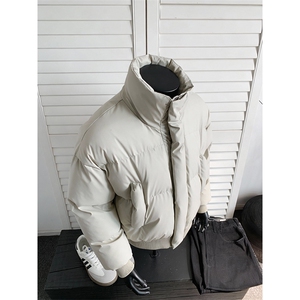 现货5W件冬季三防重磅硬挺boxy短款羽绒立领PU皮棉衣外套加厚棉服图片