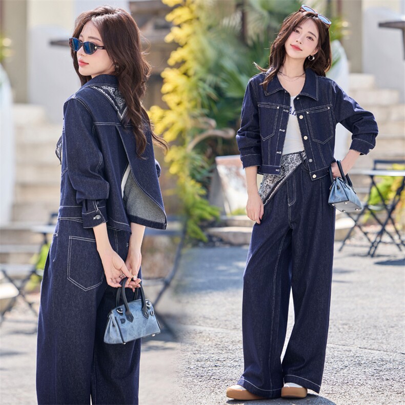 港风复古牛仔套装女2025春新款时尚流行酷飒拽姐穿搭阔腿裤两件套，女装套装/套裙，雅静靓衣