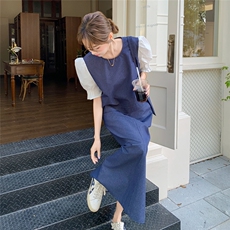 高级感撞色上衣半身裙套装女2025夏季新款韩版宽松显瘦气质两件套，女装套装/套裙，维壹