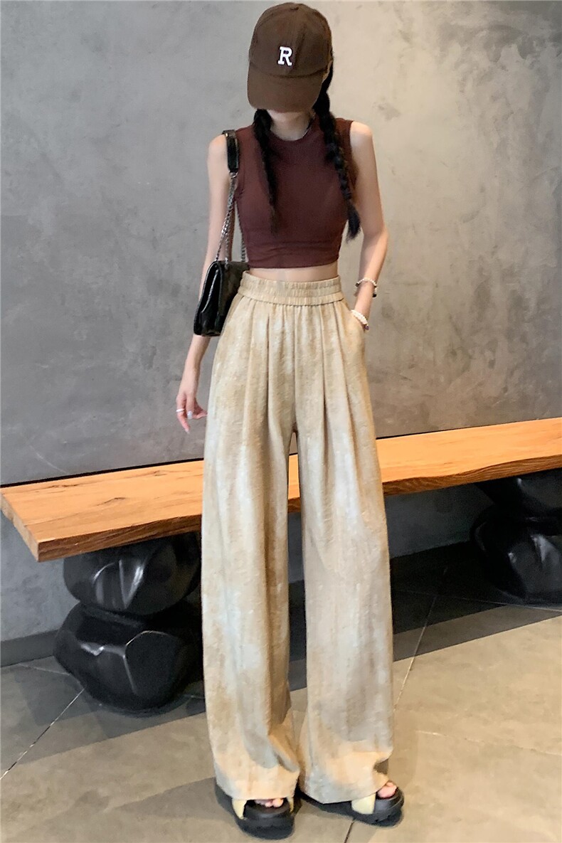 新款亚麻扎染阔腿裤女夏宽松直筒垂感拖地休闲直筒裤脏脏裤,女装休闲裤,梦白服饰厂