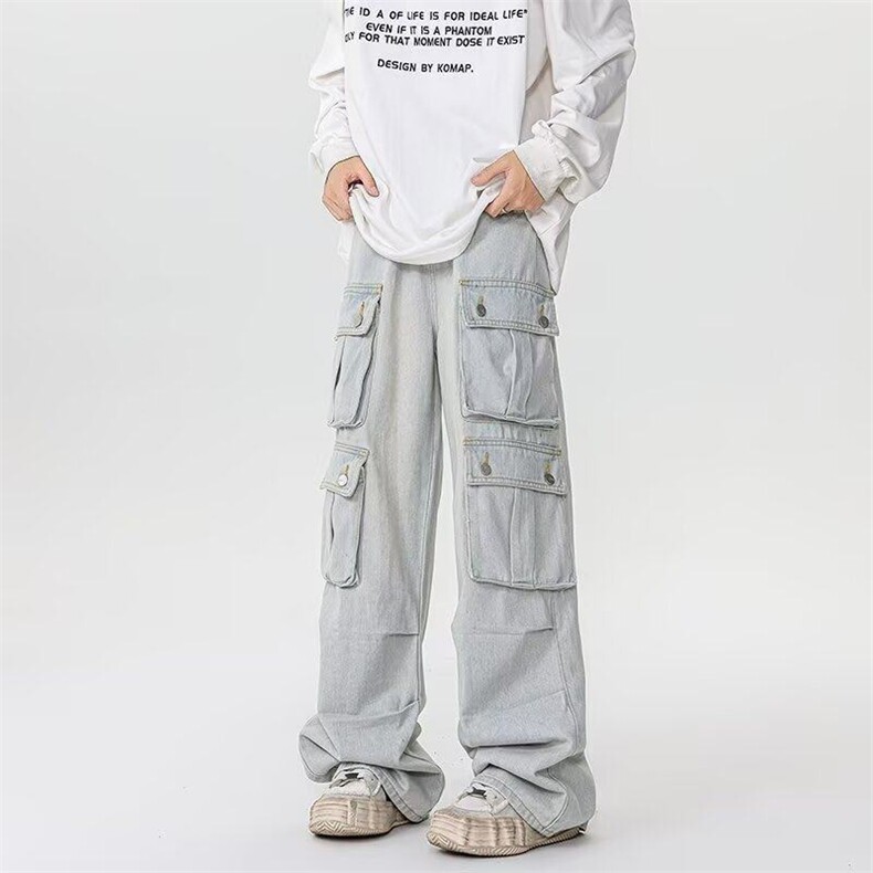 美式多口袋牛仔裤男小众复古蓝阔腿工装裤舞蹈2025女潮RK2231-P56图片