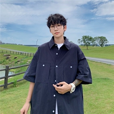 工装衬衫男士夏季薄款纯色宽松休闲潮牌半袖衬衣解构CH08，男装衬衫，星座1116A-1（原606A）