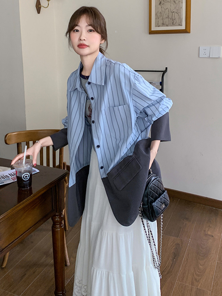 蓝色条纹西装拼接衬衫外套2025新款女春秋小众设计感韩系气质上衣,女装短外套,浙宝069
