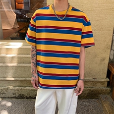 大条纹撞色短袖T恤5X1052-TP35可二开美式复古休闲宽松上衣男，男装T恤，电商A102