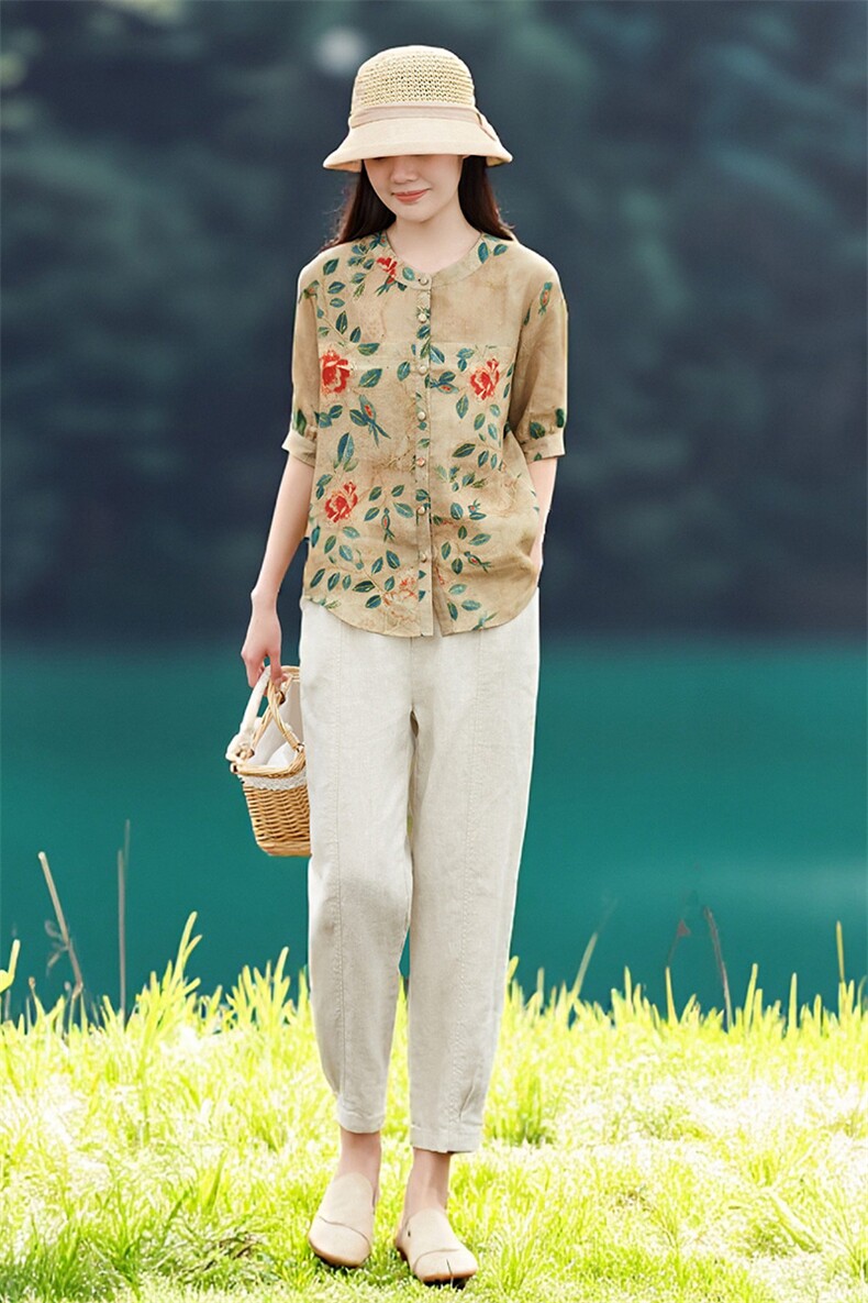 2026年夏季文艺风女短袖宽松常规苎麻,女装衬衫,江南依恋